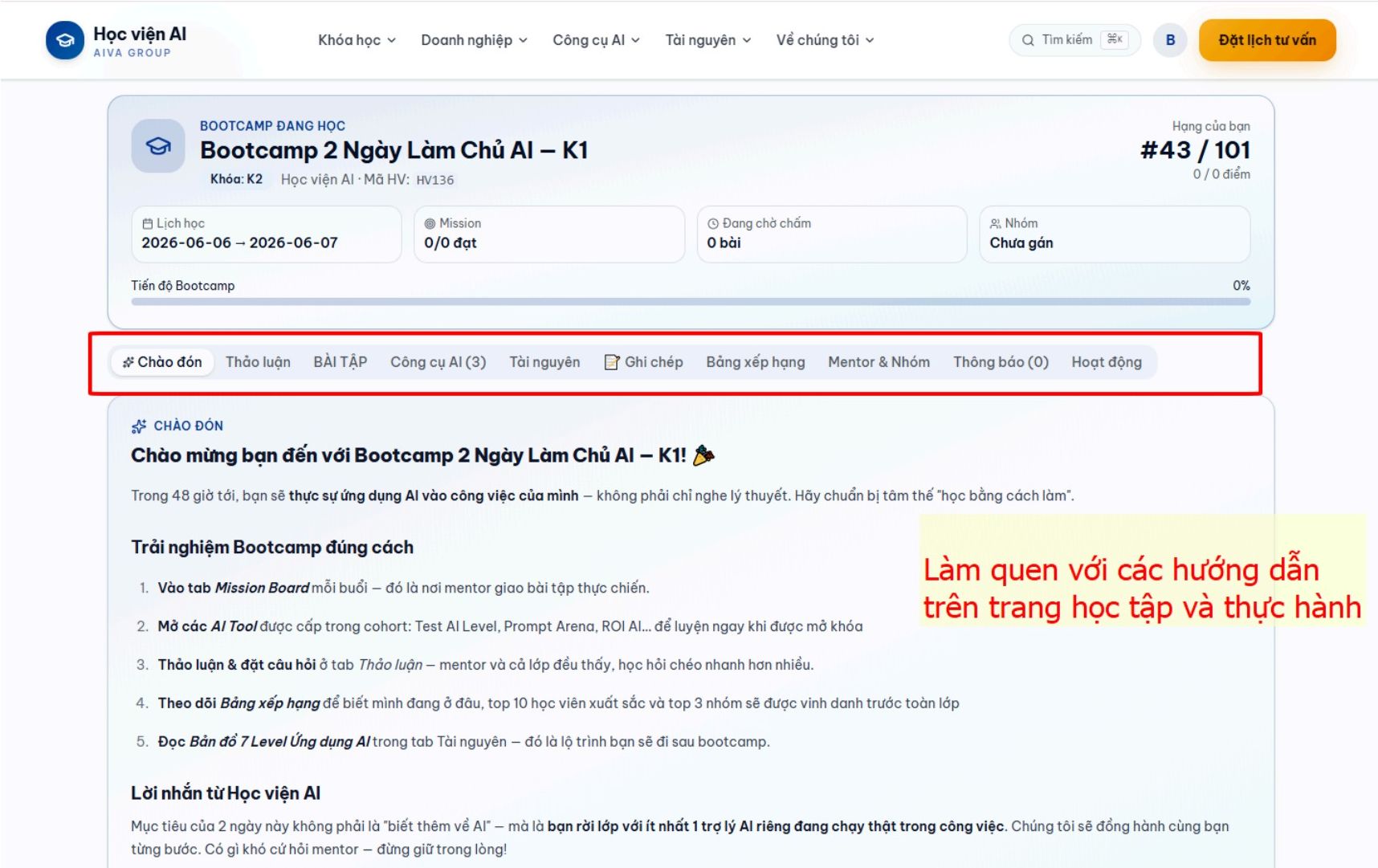 10 tab trong Bootcamp Hub
