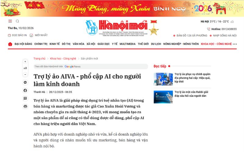 Báo Hà Nội Mới vinh danh Trợ lý ảo AIVA Giải pháp AI toàn diện cho người làm kinh doanh Báo Hà Nội Mới vinh danh Trợ lý ảo AIVA Giải pháp AI toàn diện cho người làm kinh doanh