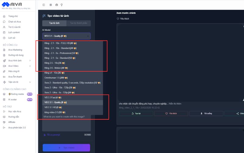 AIVA Studio có đầy đủ model Veo3 và Kling AI